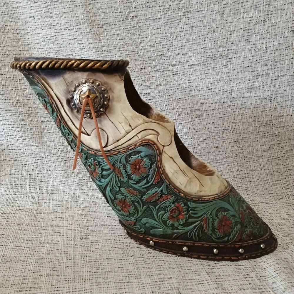 Western Floral Tooled Double Wine Bottle Holder Teal Copper Rustic Decor